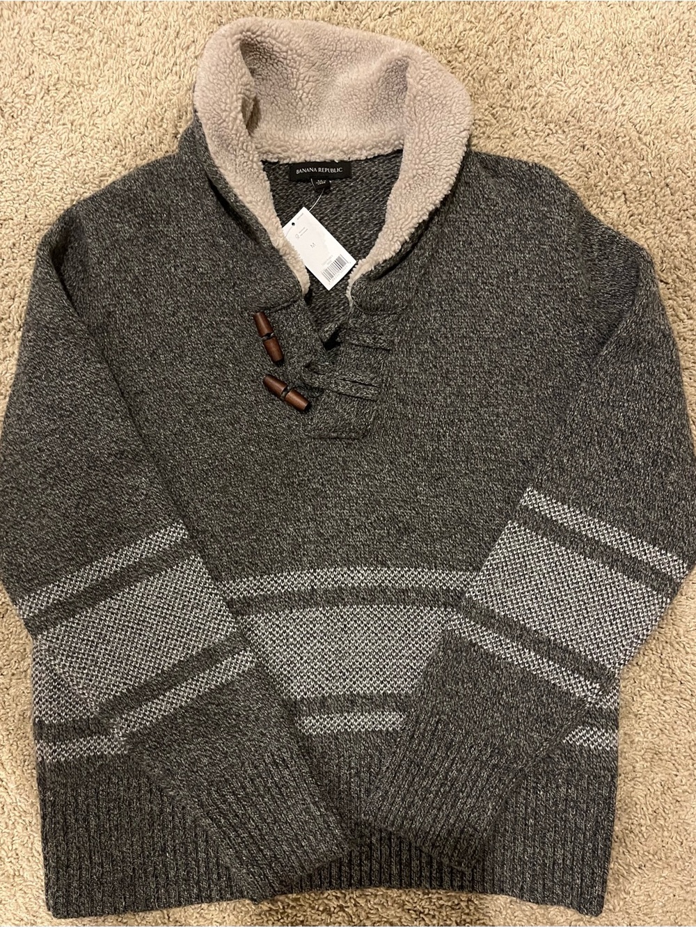 (NWT) Banana Republic Men's Med Gray V-Neck Sherpa Shawl Sweater 49% Merino Wool
